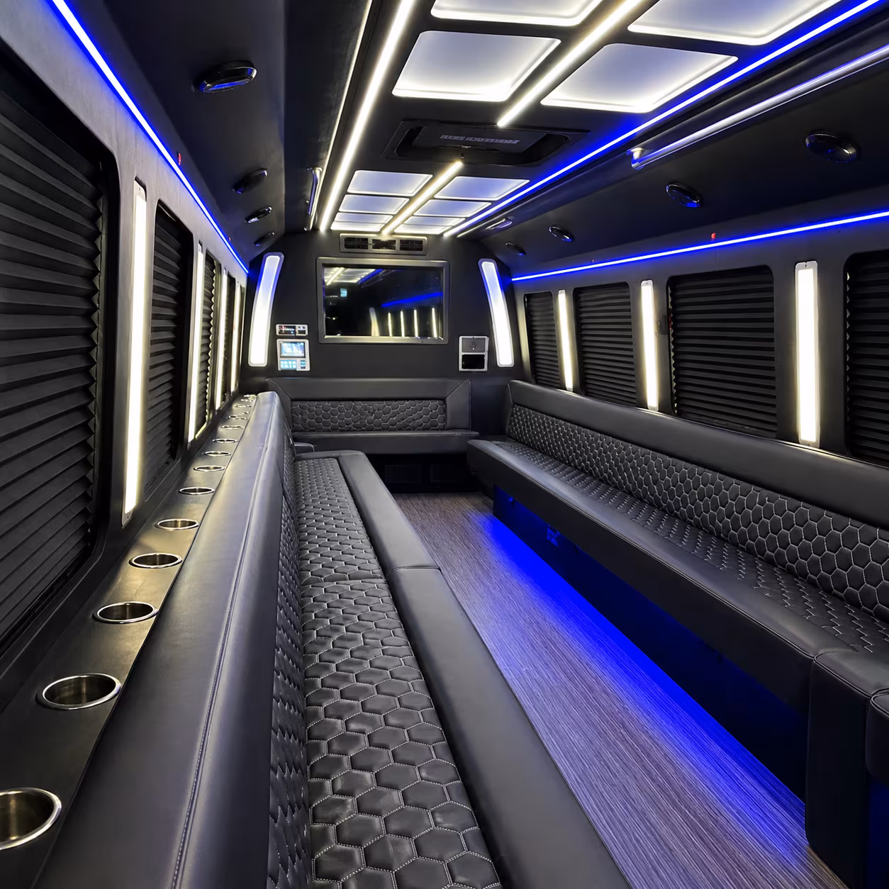 Passenger watching the Louisville scenery during a regional party bus road trip